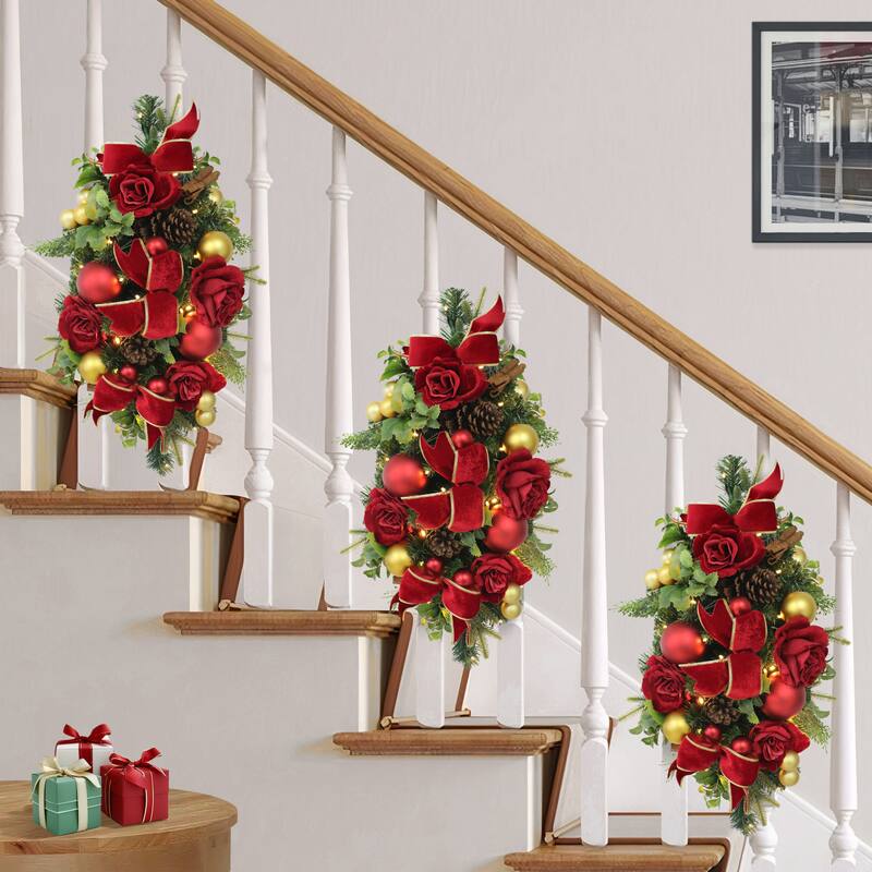 Puleo International 28" Artificial Pre-Lit Adorned Banister Swag Battery-Operated - Red