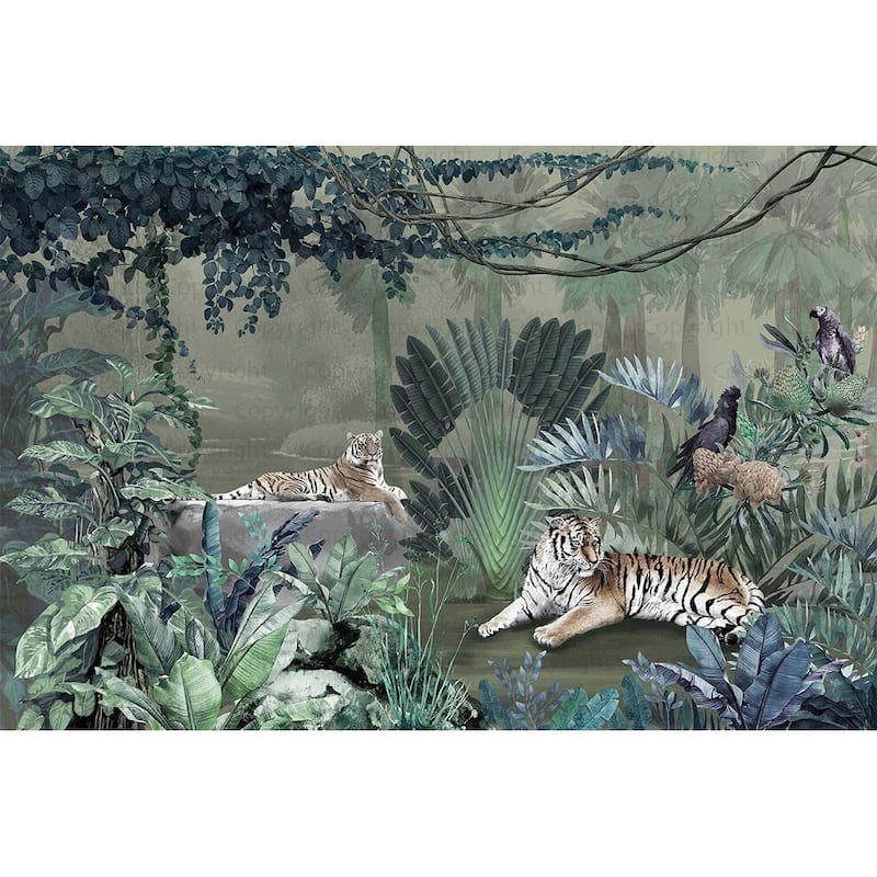 Exquisite Jungle Wallpaper Mural Tigers Tropical Flora Exotic Birds - Green - W:163" x H:110"