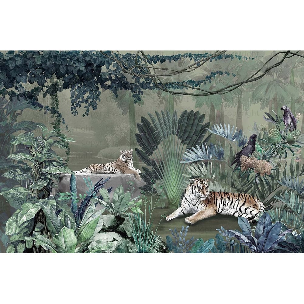 Exquisite Jungle Wallpaper Mural Tigers Tropical Flora Exotic Birds