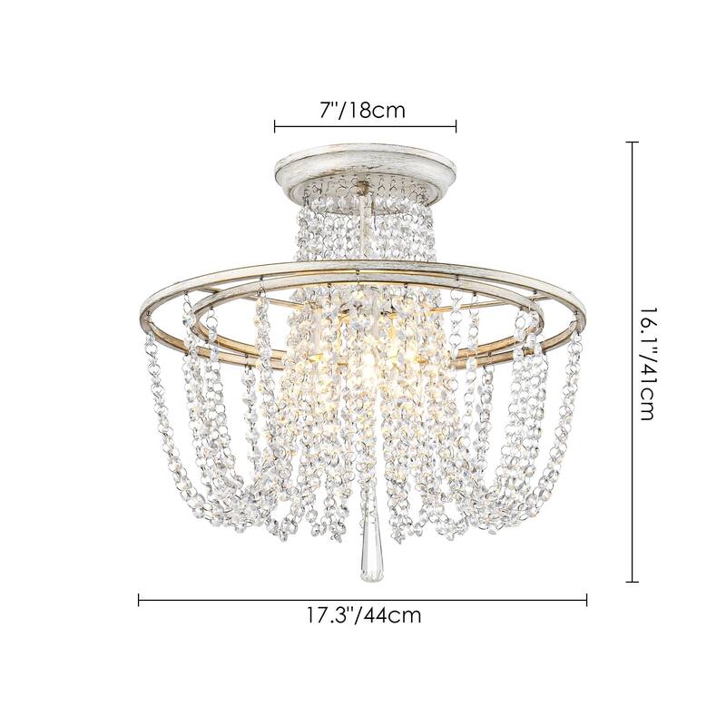 3-Light 17.32" Vintage Antique White Circle Round Crystal Semi-Flush Mount Light - 17.32 in. W x 16.14 in. H