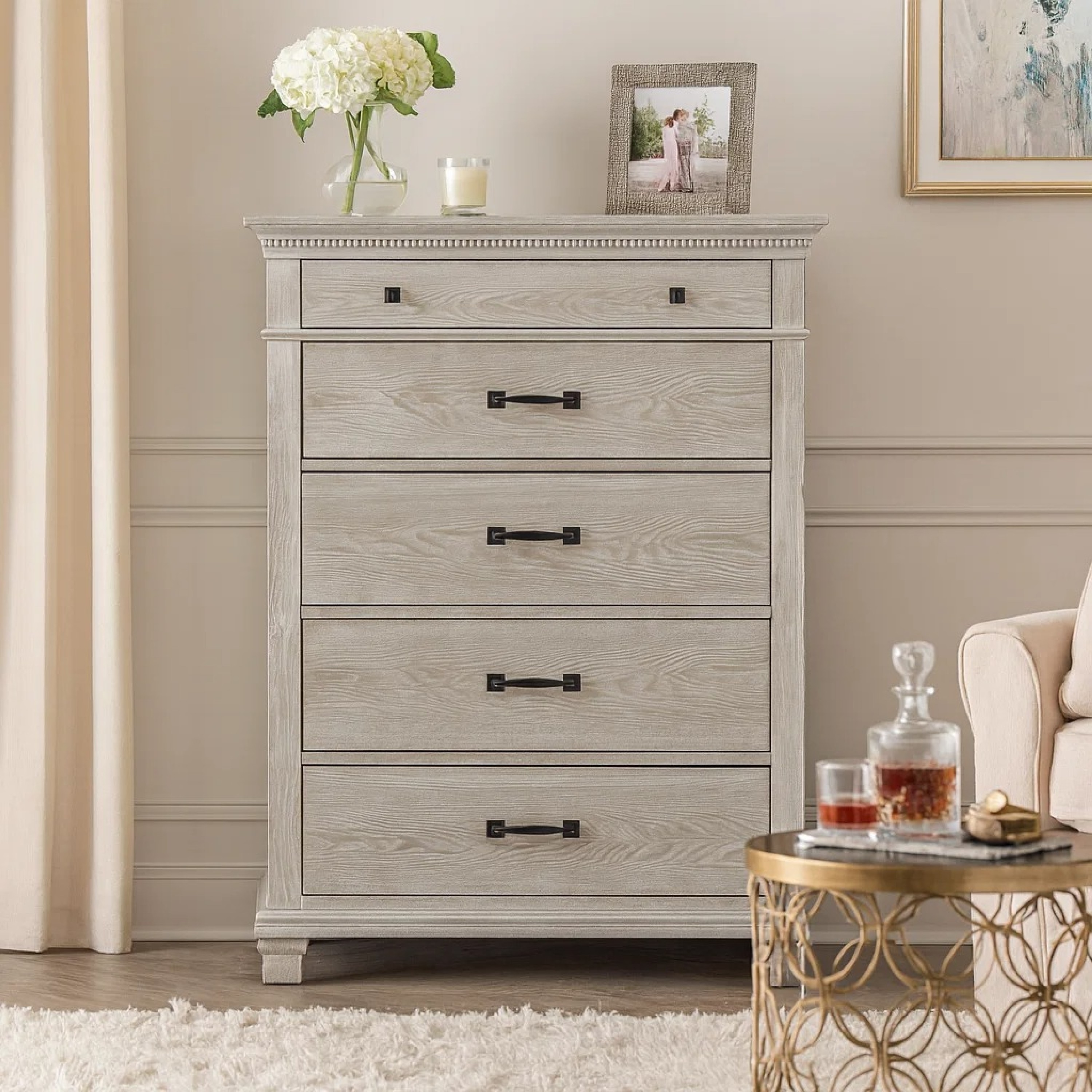 grey pine dresser Avy Tall Chest, Light Mist Gray Wood, 5 Spacious Drawers full sleeve outfit women
