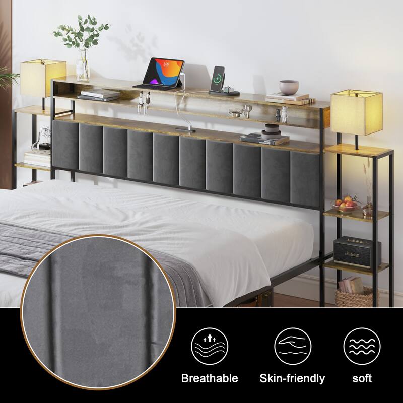 Queen bed Frame with Storage, Platform bed Queen Size with LED Lights and Charging Station, Headboard with Bookcase Shelves