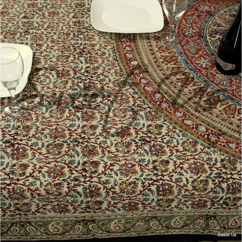 Block Print Kalamkari Paisley Floral Tablecloth Rectangle Blue Green Red Beige - 70 x 104 inches