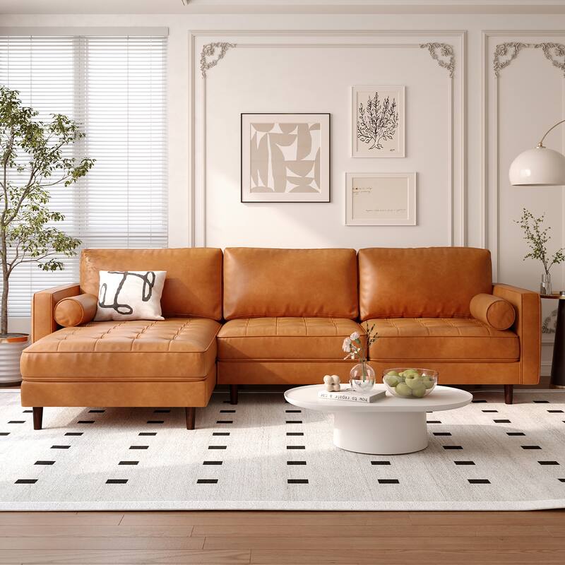 Costway 105'' Air Leather L-Shaped Sectional Sofa w/ Chaise Lounge & 2 - 105'' x 64.5'' x 33.5''