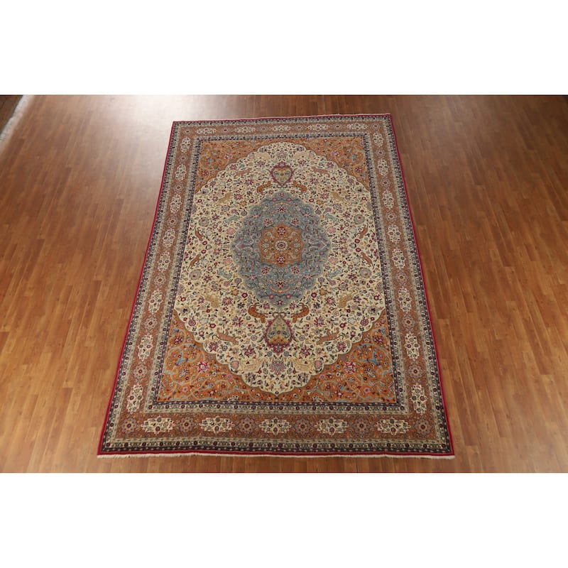 Hand Knotted Oriental 100% Wool Carpet Traditional Floral Beige & Ivories Tabriz Area Rug - 12' 3'' X 8' 1''