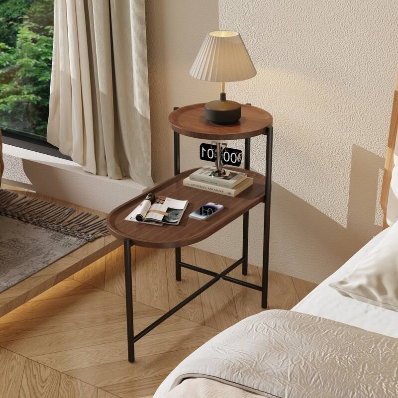 Modern Wooden Round Coffee Table with Storage Tray 2 Tier Oval End Tables for Living Room