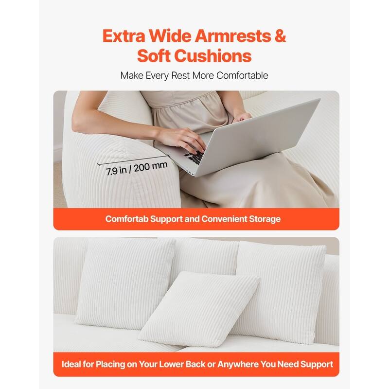 111.8” White Curved Sofa Couch Extra-Long 3-Person Seating with Corduroy and Foam Comfort - 40.16” x 111.8” x 30.7”