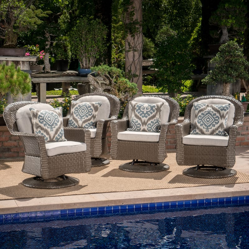 Liam Wicker Outdoor Swivel Club Chairs w/ Cushions (Set of 4) by Christopher Knight Home - Brown+Ceramic Grey