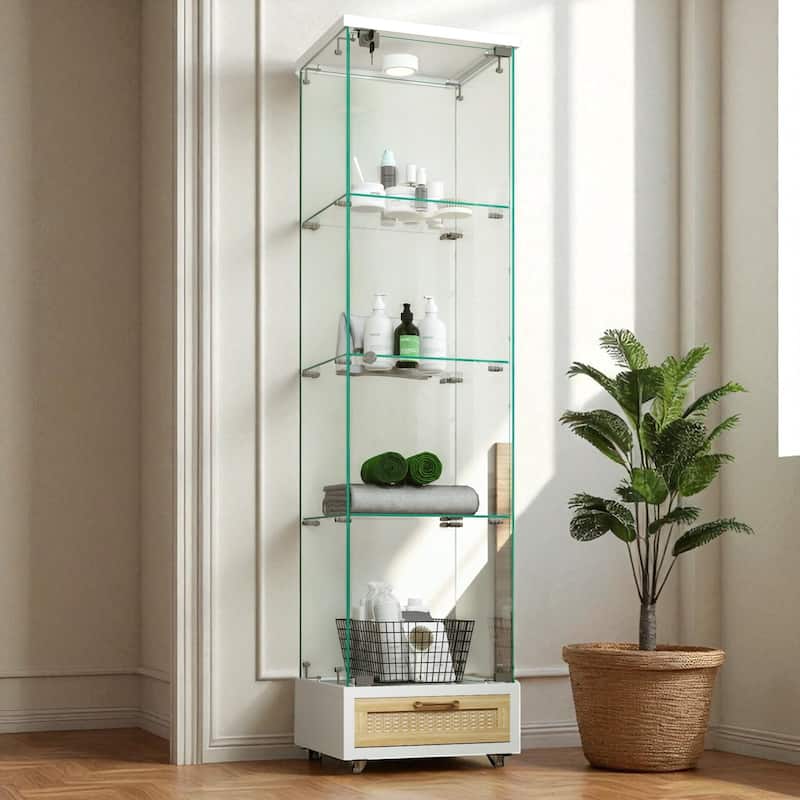 65.9" Modern Glass Display Cabinet with Drawer, LED Lights & 4 Tempered Glass Shelves - Lockable Storage Case - White