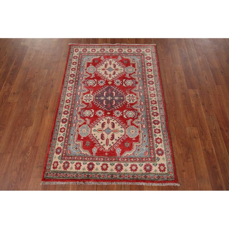 Geometric Red Kazak Accent Rug Hand-Knotted Foyer Wool Carpet - 2'10" x 4'3"