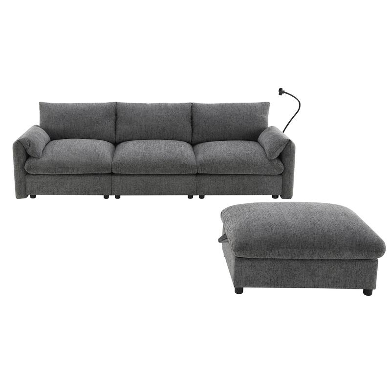 Roomfitters 96.5" L-Shaped Sectional Sofa with Storage Ottoman, Phone Holder, USB Charging, Deep Seat Chenille Couch