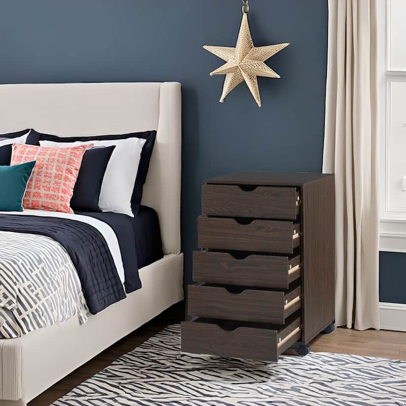 Portable Wooden 5-Drawer Cabinet with 360° Wheels, Easy Pullout Design, and Extra Top Storage