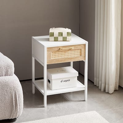 Nightstand End table with Rattan Drawer and Wood Storage Shelf, Modern Bedside Cabinet with Metal Legs for Livingroom