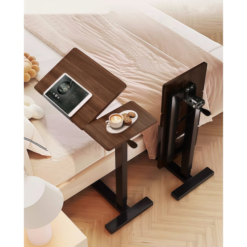 Overbed Bedside Desk, Mobile Rolling Laptop Stand Tilting Overbed Table with Wheels, Height Adjustable Tray Bedside Table - Walnut