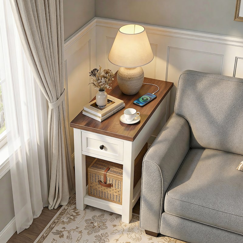Farmhouse End Table with Wood Drawers and Charging Station, Sofa Side Table, Nightstand