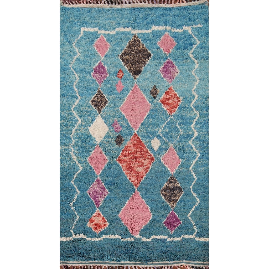 Turquoise Blue Moroccan Oriental Area Rug Hand-Knotted Wool Carpet - 5'0"x 9'1"
