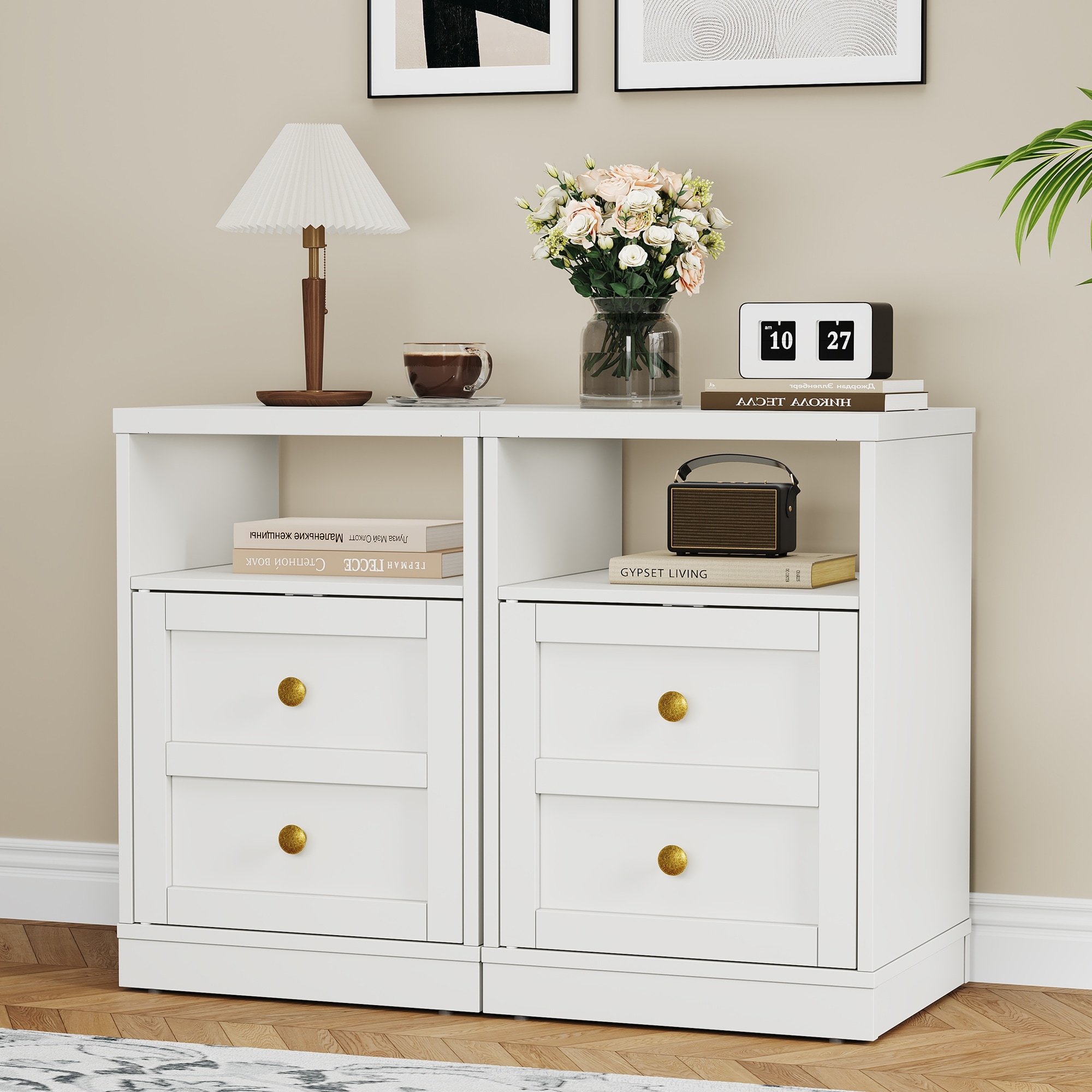 Modern Nightstand with Door & Open Shelf, Set of 2