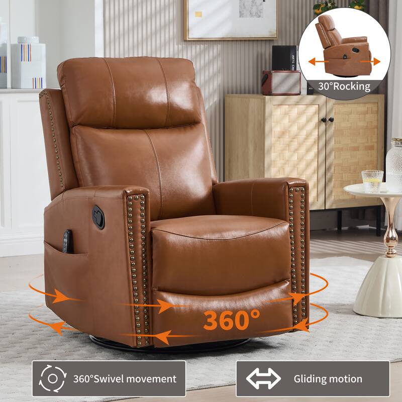 Roomfitters Genuine Leather Swivel Rocker Recliner, Manual Massage Glider with Heat and Top Grain Cowhide, Living Room