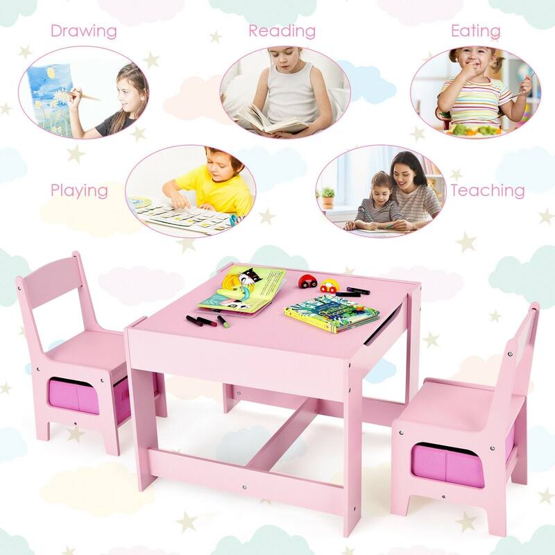 Kids Table Chairs Set With Storage Boxes Blackboard Whiteboard Drawing - 24.5" x 24.5" x 19"