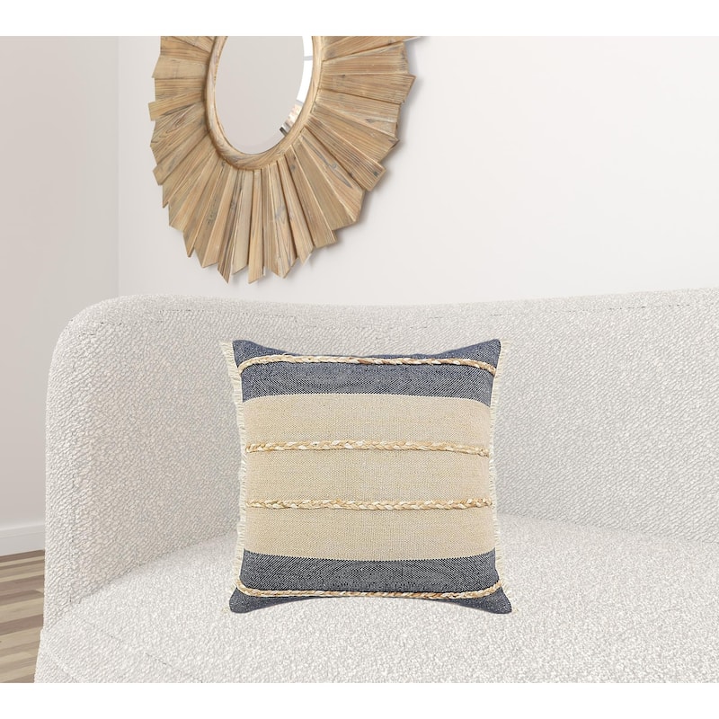 HomeRoots 20" X 20" Denim Blue Tan And Taupe Jute Coastal Zippered Pillow