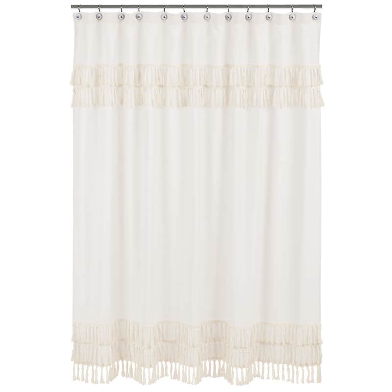 Sweet Jojo Designs Ivory Bohemian Boho Chic Bathroom Fabric Bath Shower Curtain Farmhouse Minimalist Knotted Macrame Tuft Fringe