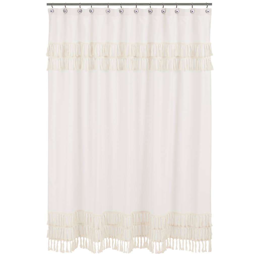 Sweet Jojo Designs Ivory Bohemian Boho Chic Bathroom Fabric Bath Shower Curtain Farmhouse Minimalist Knotted Macrame Tuft Fringe