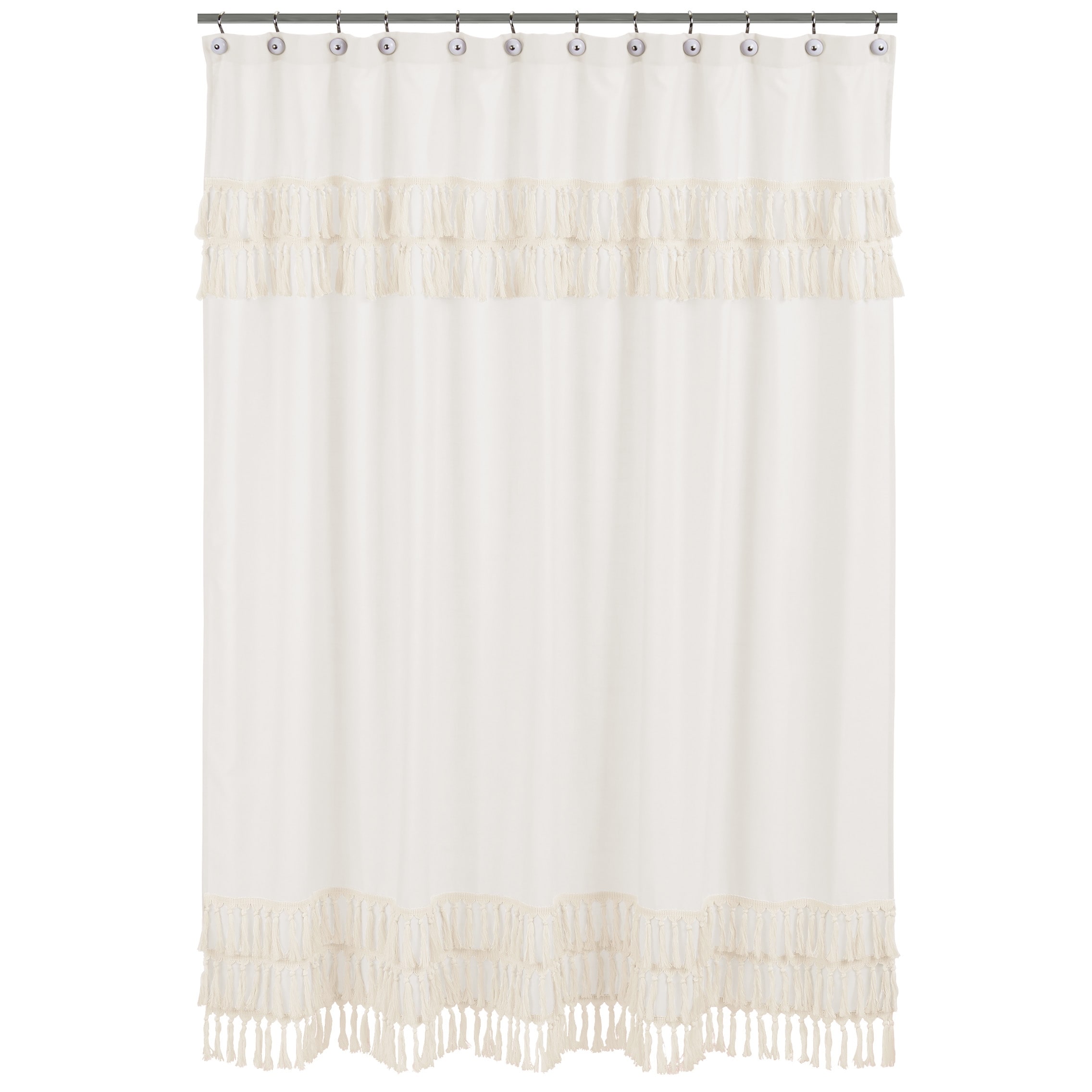 Sweet Jojo Designs Ivory Bohemian Boho Chic Bathroom Fabric Bath Shower Curtain Farmhouse Minimalist Knotted Macrame Tuft Fringe