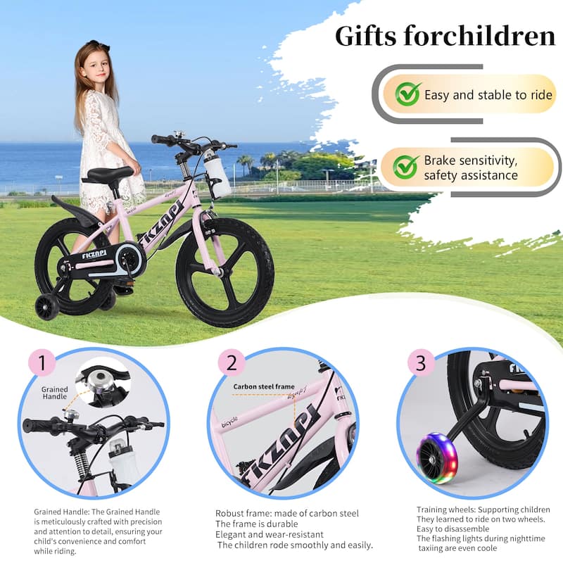 16 Inch High Carbon Steel Frame, Little Daisy Kids Bike w/Kettle & Training Wheels, Magnesium Alloy Wheels Bicycle for 2-7 Years