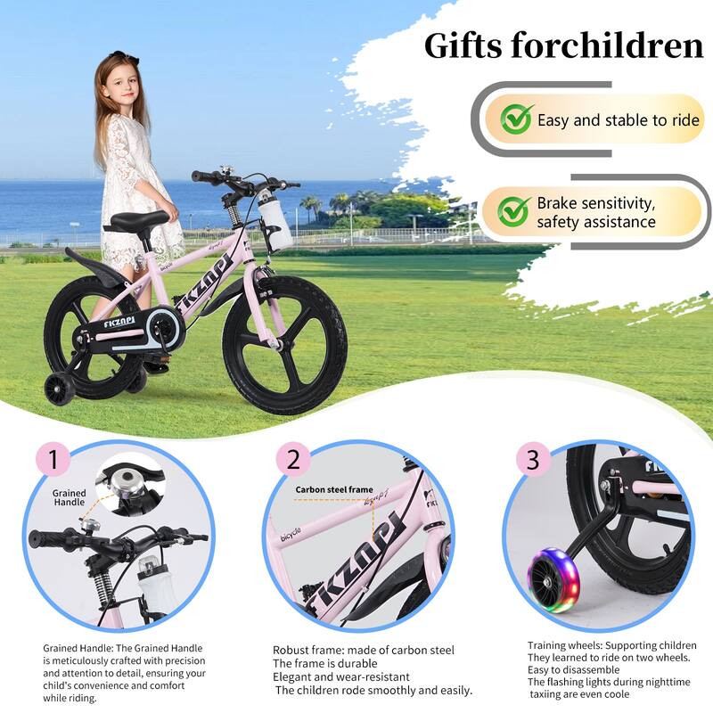 Kids Bike 16 Inch - High Carbon Steel Frame, Magnesium Alloy Wheels, Training Wheels with Night Glow, Adjustable Seat