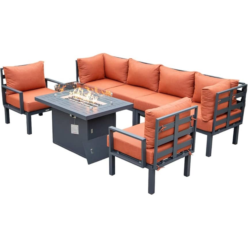Chelsea Luxury 7-Piece Outdoor Sectional & Firepit Lounge - All-Weather Black Aluminum Frame with Premium UV-Resistant Cushions