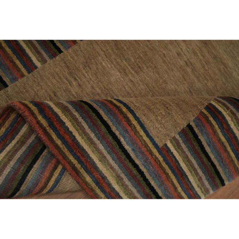 Hand Knotted Oriental 100% Wool Carpet Modern Stripe Brown Nepalese Area Rug - 5' 7'' X 3' 6''