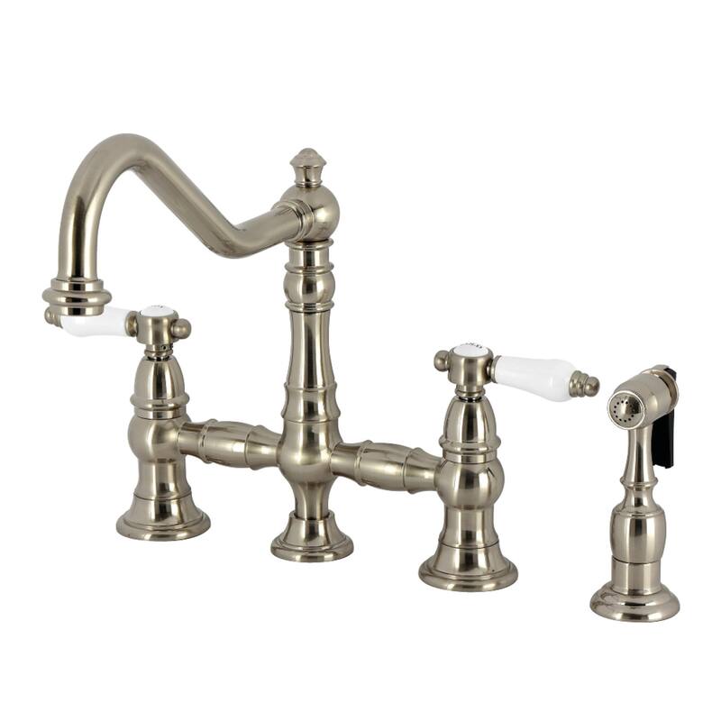 Kingston Brass Bel-Air Two-Handle 4-Hole Deck Mount Bridge Kitchen Faucet with Brass Side Sprayer - Brushed Nickel