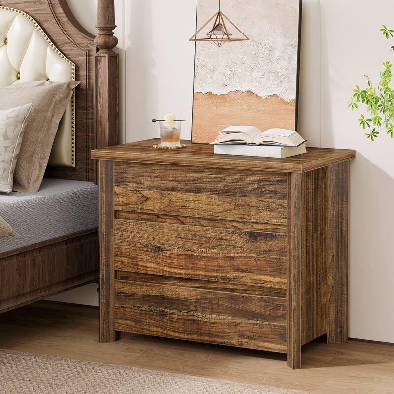 Industrial Wood Nightstand Bedside Table with 3-Drawer for Bedroom - Rustic Brown - 3-drawer