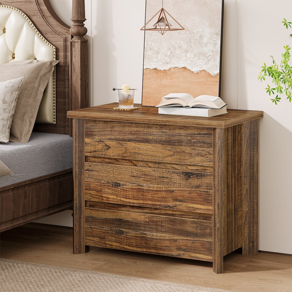 Wood Nightstand with 3 Drawers, Farmhouse Large Bedside Table with Storage