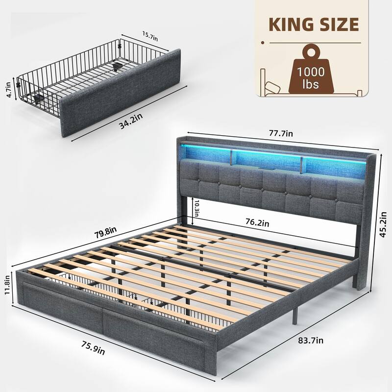 King Size Upholstered Platform Bed with LED Lights, Charging Station & Storage Headboard, No Box Spring Needed