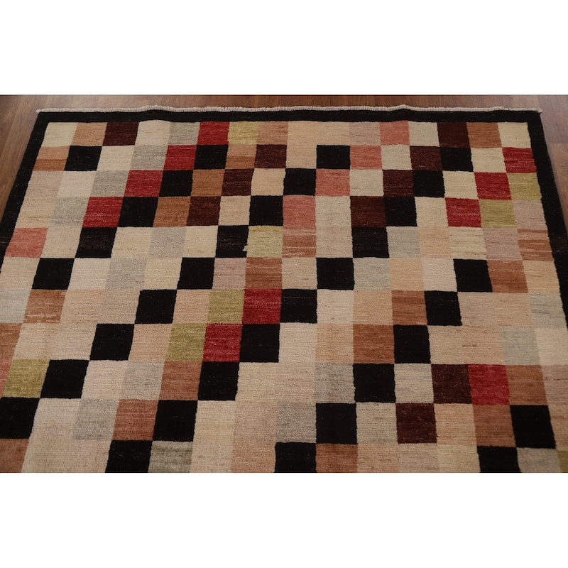 Modern Checkered Gabbeh Kashkoli Area Rug Hand-knotted Wool Carpet - 5'0" x 6'2"