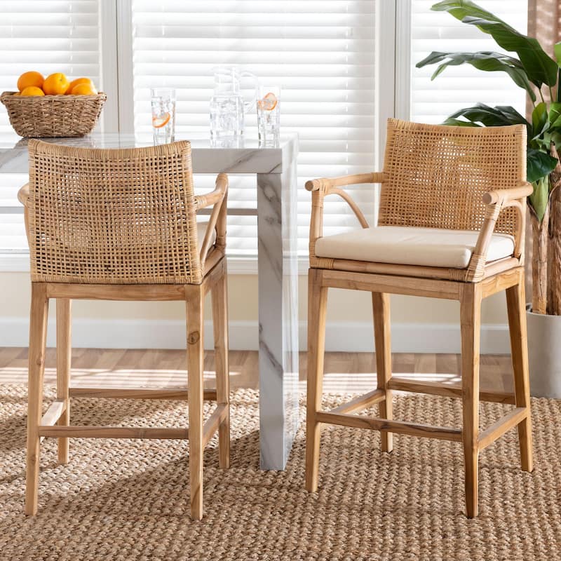 Storsel Bohemian Natural Rattan and Teak Wood 2-Piece Counter Stool Set