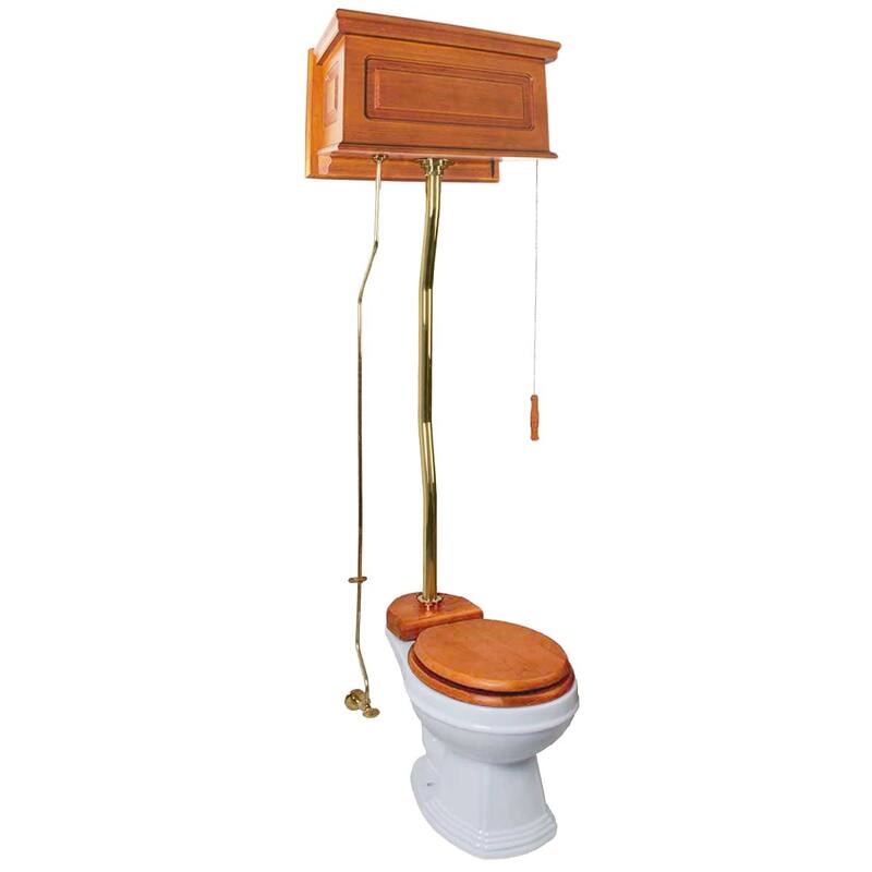 High Tank Toilet - Light Mahogany Raised Tank, White Elongated Bowl and Brass Z Pipe Renovators Supply