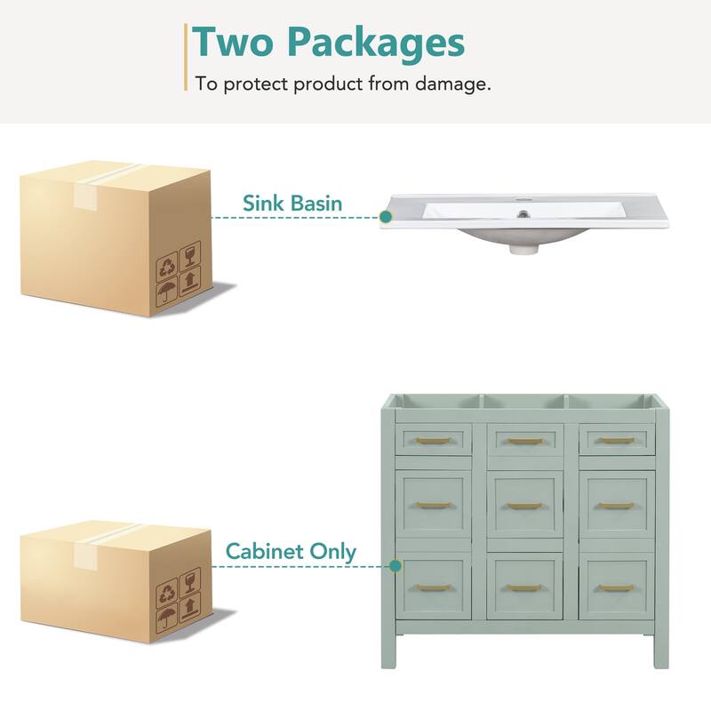 36" Bathroom Vanity Cabinet with Center Rectangular Resin Sink, 4 Drawers Bathroom Storage Cabinet w/ Adjustable Shelves, Green