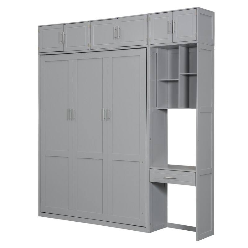 Full Size and Queen Size Wall Murphy Bed with Desk, Top Cabinet and Storage Shelves, Space Saving Foldable Bed