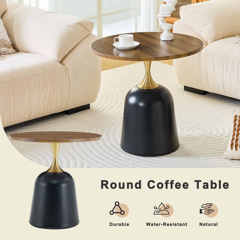 Small Circular Side Table Coffee Table, Metal Base Living Room Table, Walnut Wood Grain Minimalist Modern Decoration