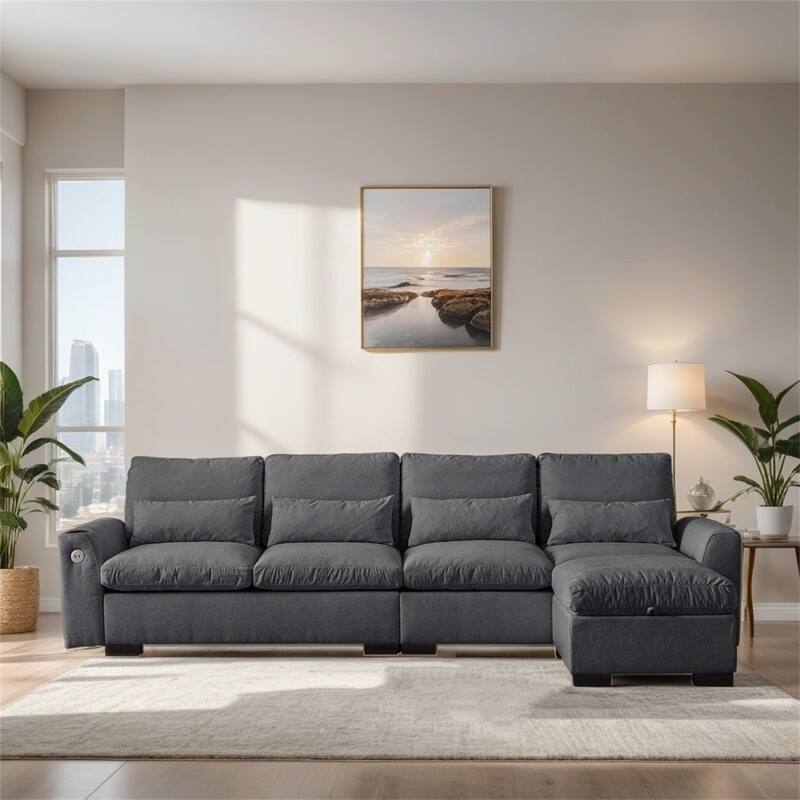 Modern Modular L Shaped Chenille Sofa Couch Reversible Ottoman