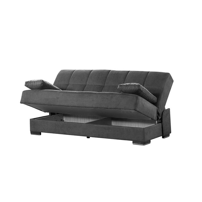 HomeRoots 75" Gray Chenille Convertible Futon Sleeper Sofa And Toss Pillows With Storage