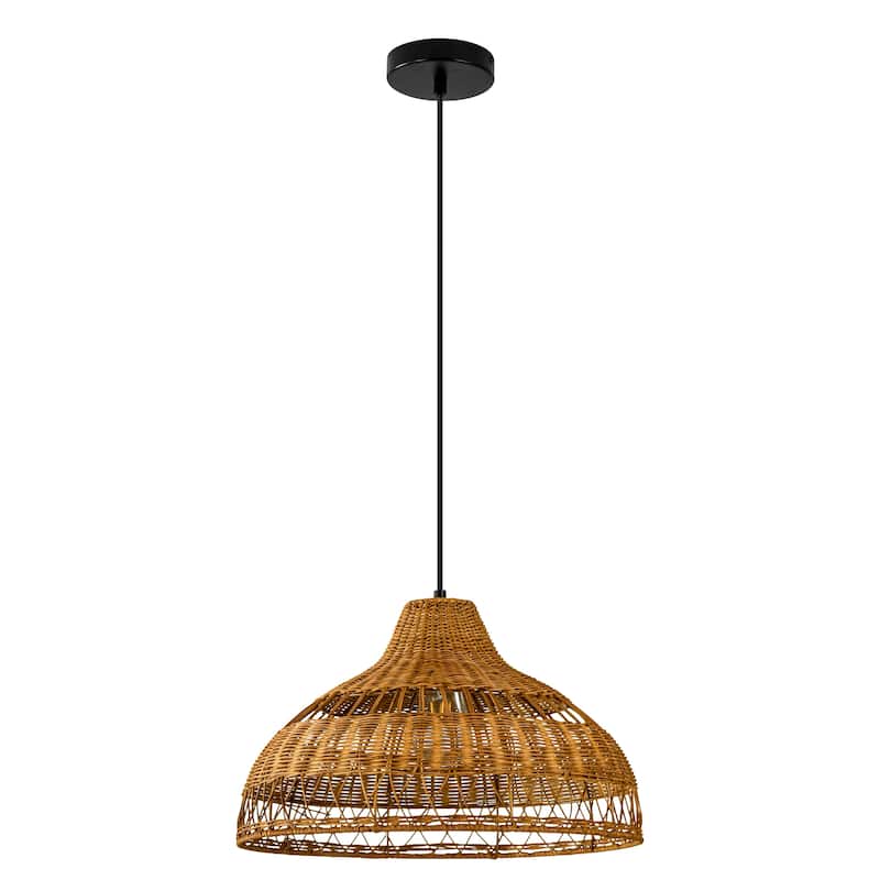 1-Light Farmhouse Brown Natural Handwoven Rattan Dome Pendant Light - 16.9 in. W x 11 in. H