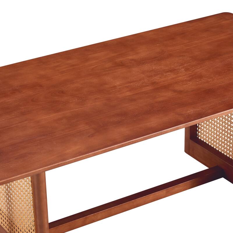 Wood Tea Table Side Table Accent Table, Coffee Table with Imitation Rattan, Living Room Center Table with Easy Assembly