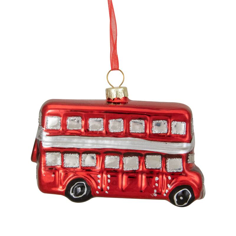 Double Decker Bus Glass Christmas Ornament - 3.75" - Silver and Red