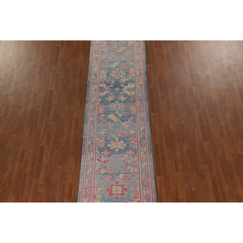 Vegetable Dye Oushak Turkish Runner Rug Handmade Floral Wool Carpet - 3'1"x 12'10"