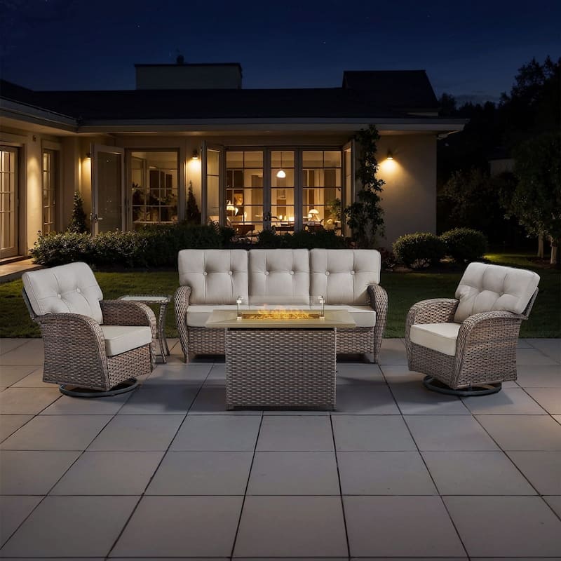 TWrap Wicker Patio Fire Pit Conversation Set with 3-Seat Sofa & Swivel Gliders - Brown/Beige - No Ottomans