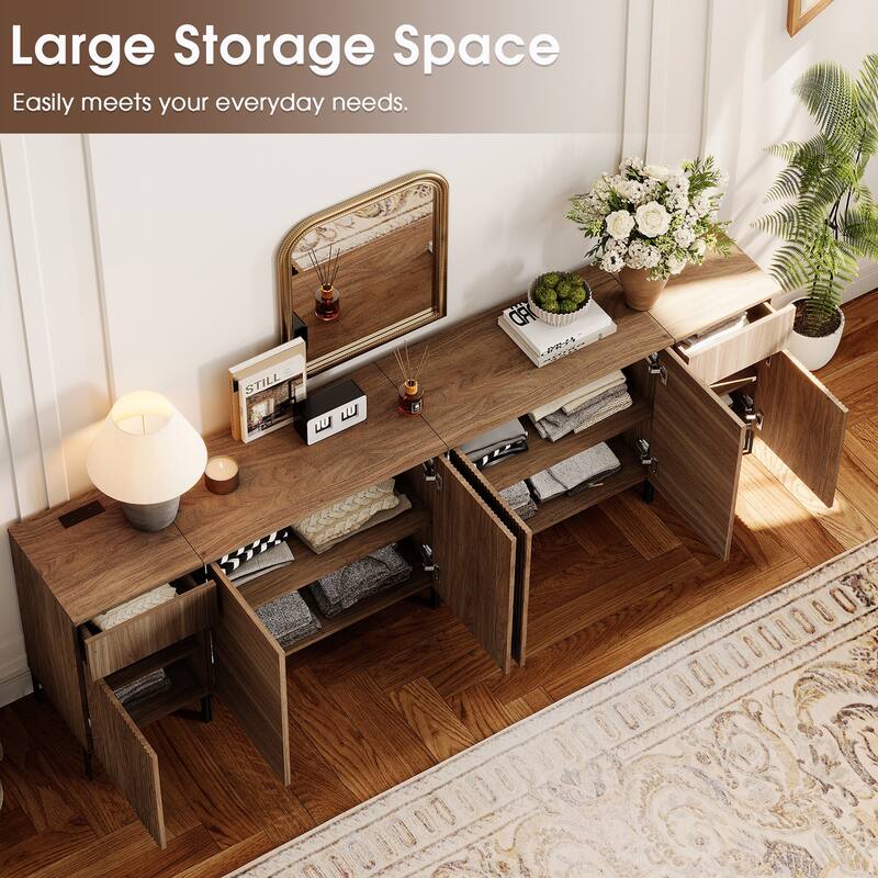 94.5" Modern Reeded Dresser TV Stand For Tvs Up To 100 Inch, Entertainment Center With Charging Station