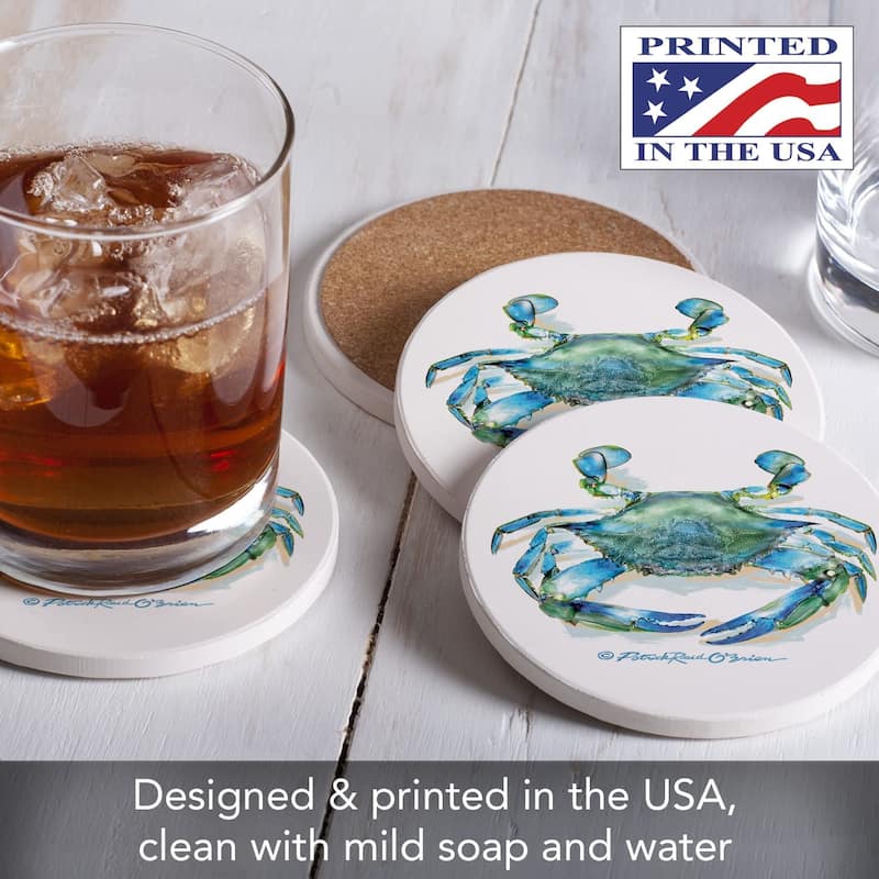 CounterArt Teal Crab Absorbent Stone Tumbled Tile Coaster Set of 4 Made in The USA Protective Cork Backing